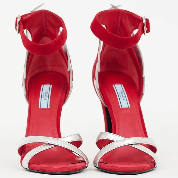Prada Thunderbolt Red Silver Suede Leather Lightning Bolt Stiletto Heel Pumps - Picture 3 of 4